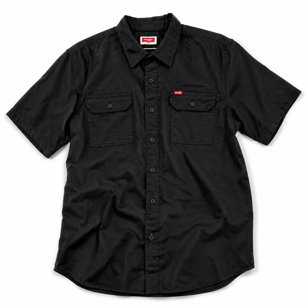 Wrangler Work Shirt Black Short Sleeve Stretch Cotton 2 Pocket Men's Large